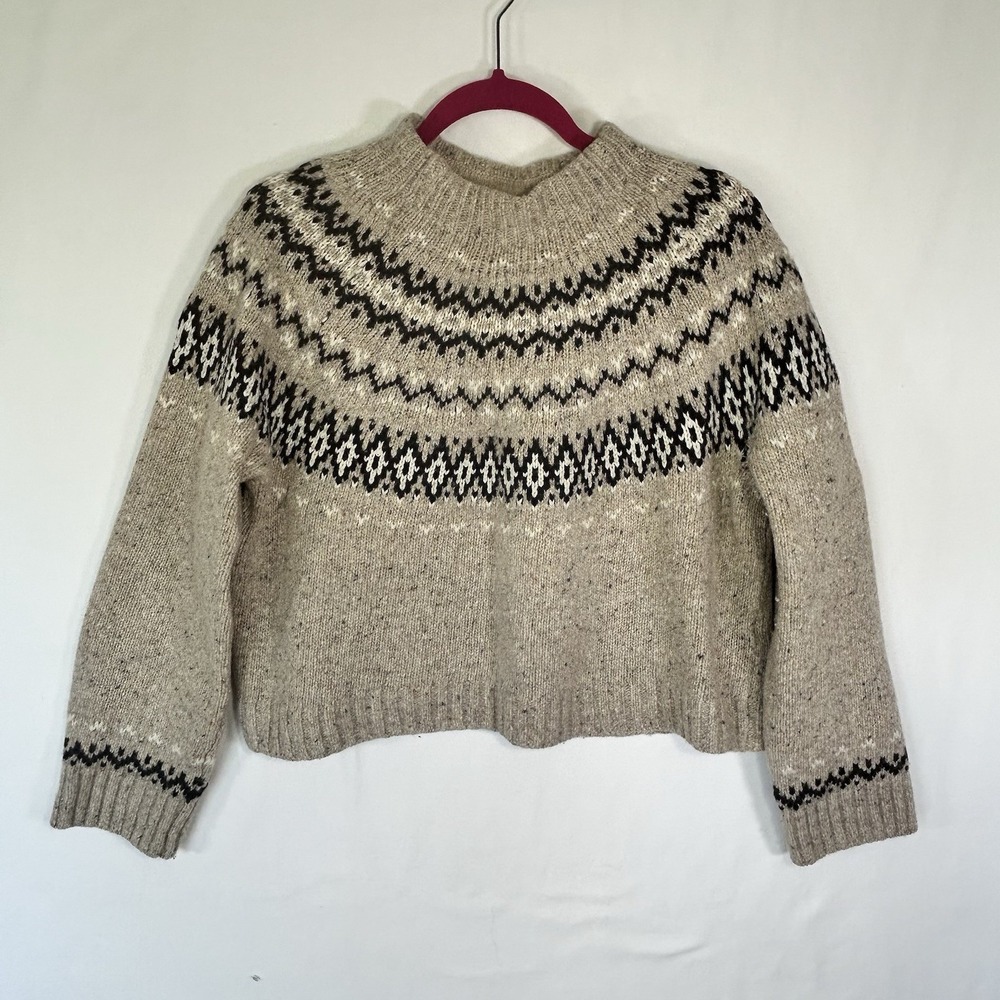 J Crew Sweater Women's Wool Fair Isle Chunky Knit  Crop Oatmeal Blank Size L